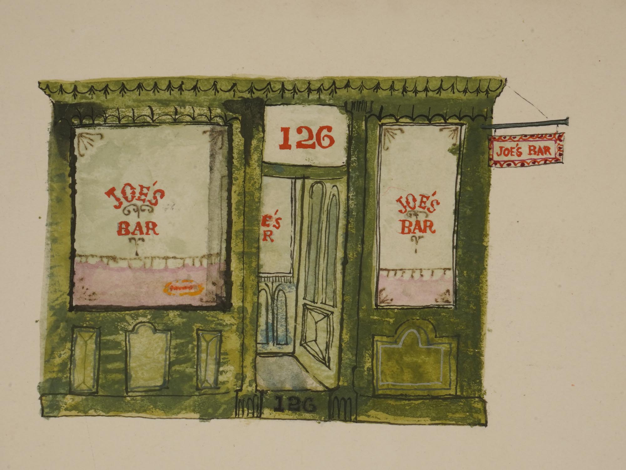 GOUACHE ON PAPER PAINTING JOES BAR ADVERTISEMENT PIC-3